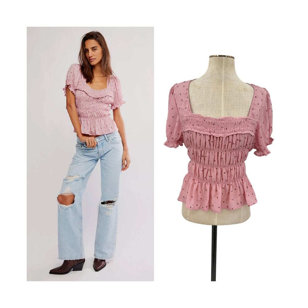 Free People Adore You Blouse Bleached Mauve Floral Smocked Pink Size Medium